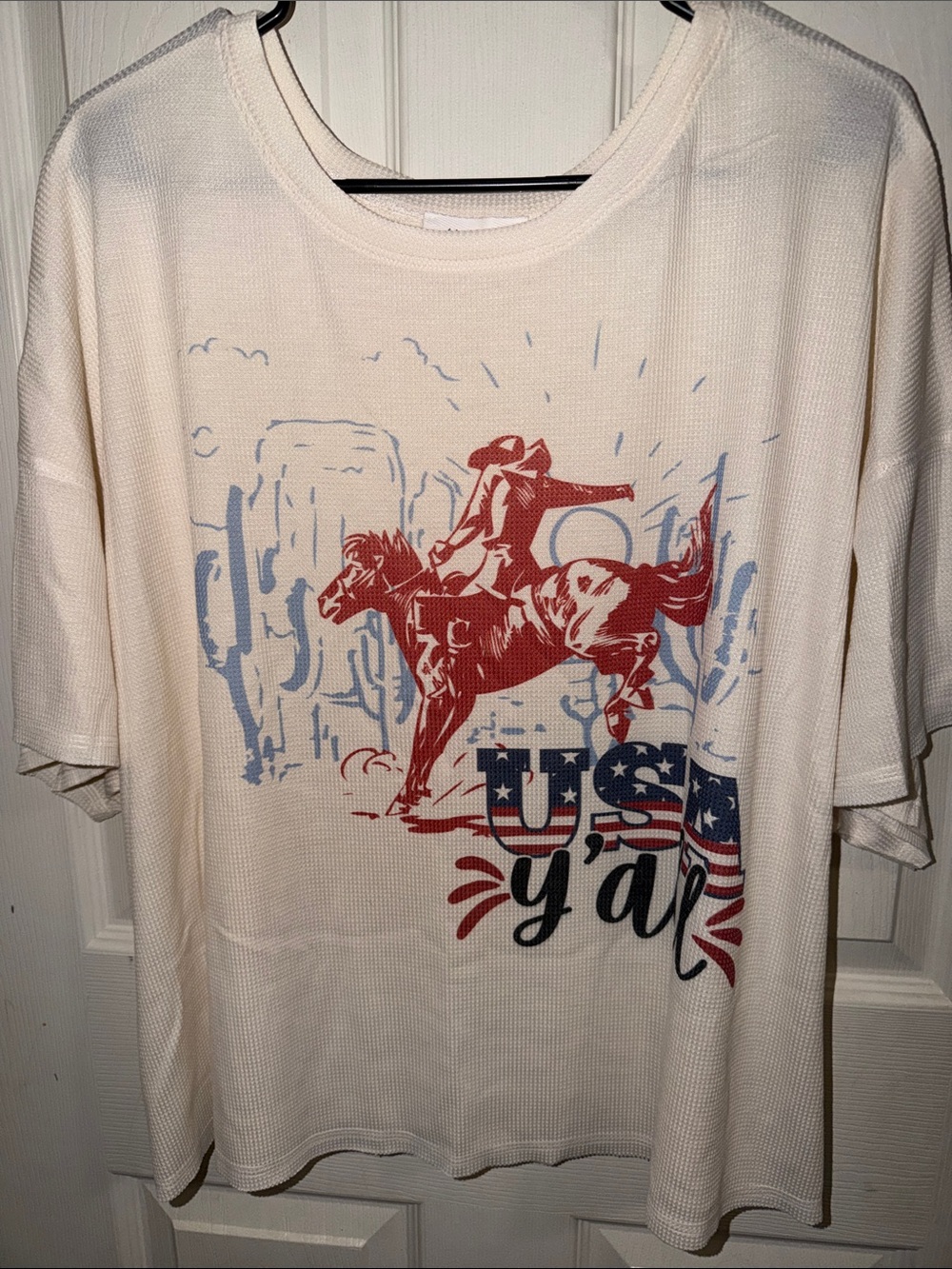 Women’s Cream Short-Sleeve Tee with Red & Blue USA Rodeo Graphic